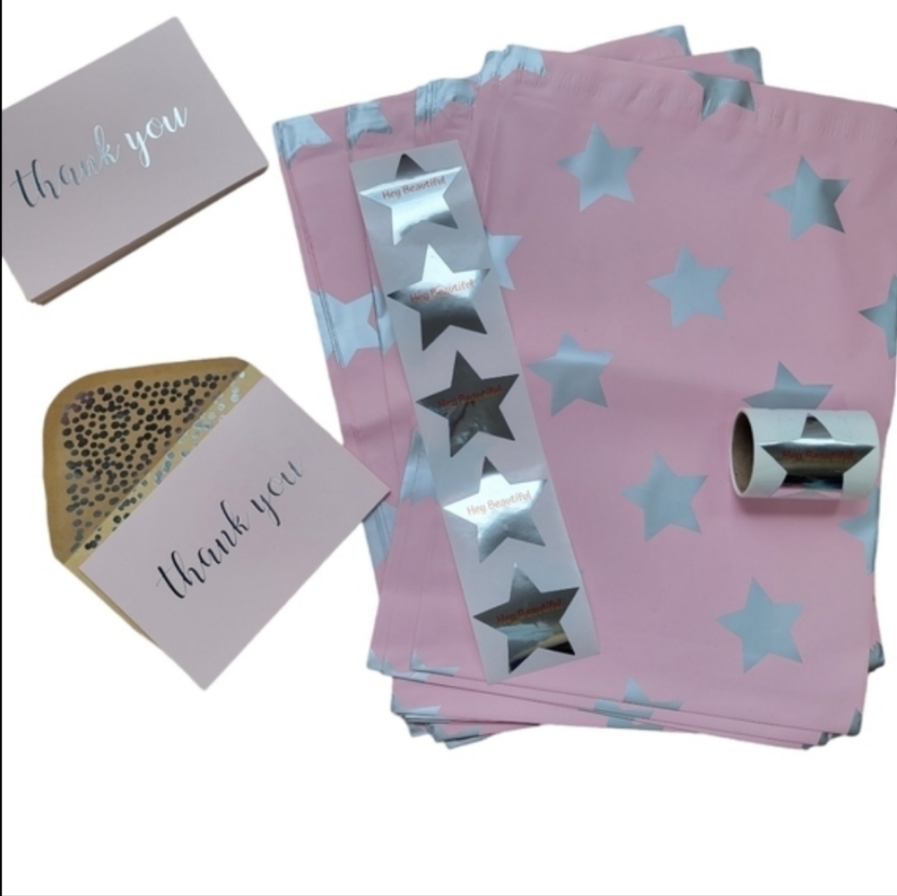 25 PK "HELLO BEAUTIFUL" SILVER STARS POLYMAILER SHIPPING BUNDLE
